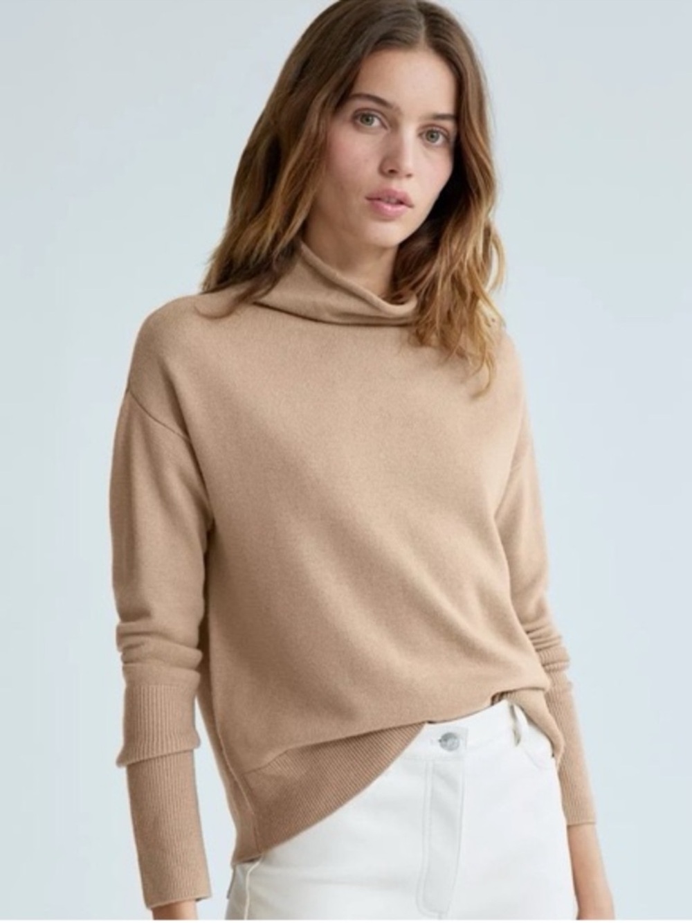 Aritzia Wilfred Cyprie Mock Neck Sweater in Tan